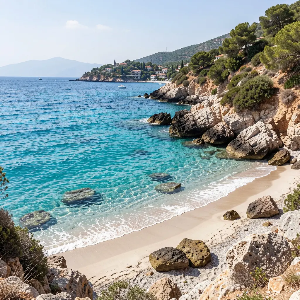 Secluded beach near Marmaris with clear water and rocky coastline